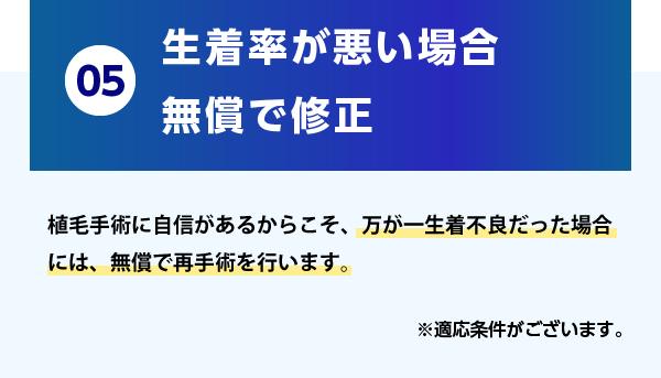 05.100%への挑戦！全額返金保証 発毛医療に絶対の自身があるからこそ、発毛を実感していただけなかった方に対して全額返金保証をご用意しております。※適応条件がございます。