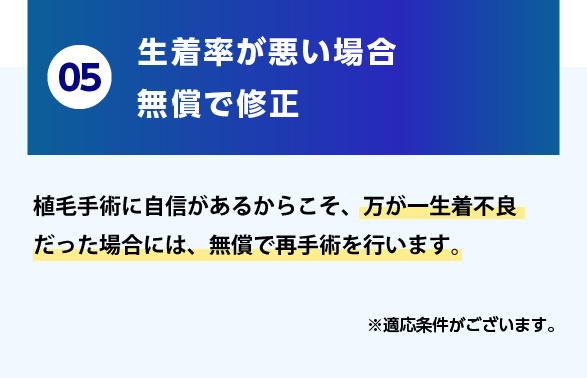 05.100%への挑戦！全額返金保証 発毛医療に絶対の自身があるからこそ、発毛を実感していただけなかった方に対して全額返金保証をご用意しております。※適応条件がございます。