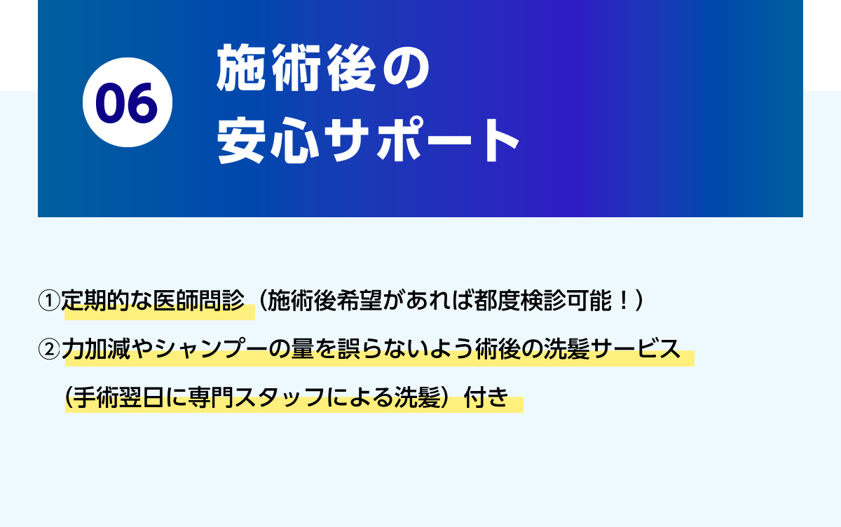 06.施術後の安心サポート ①定期的な医師問診（施術後希望があれば都度検診可能！）②内服薬が永久に40％引き！③力加減やシャンプーの量を誤らないよう術後の洗髪サービス（手術翌日に専門スタッフによる洗髪）付き